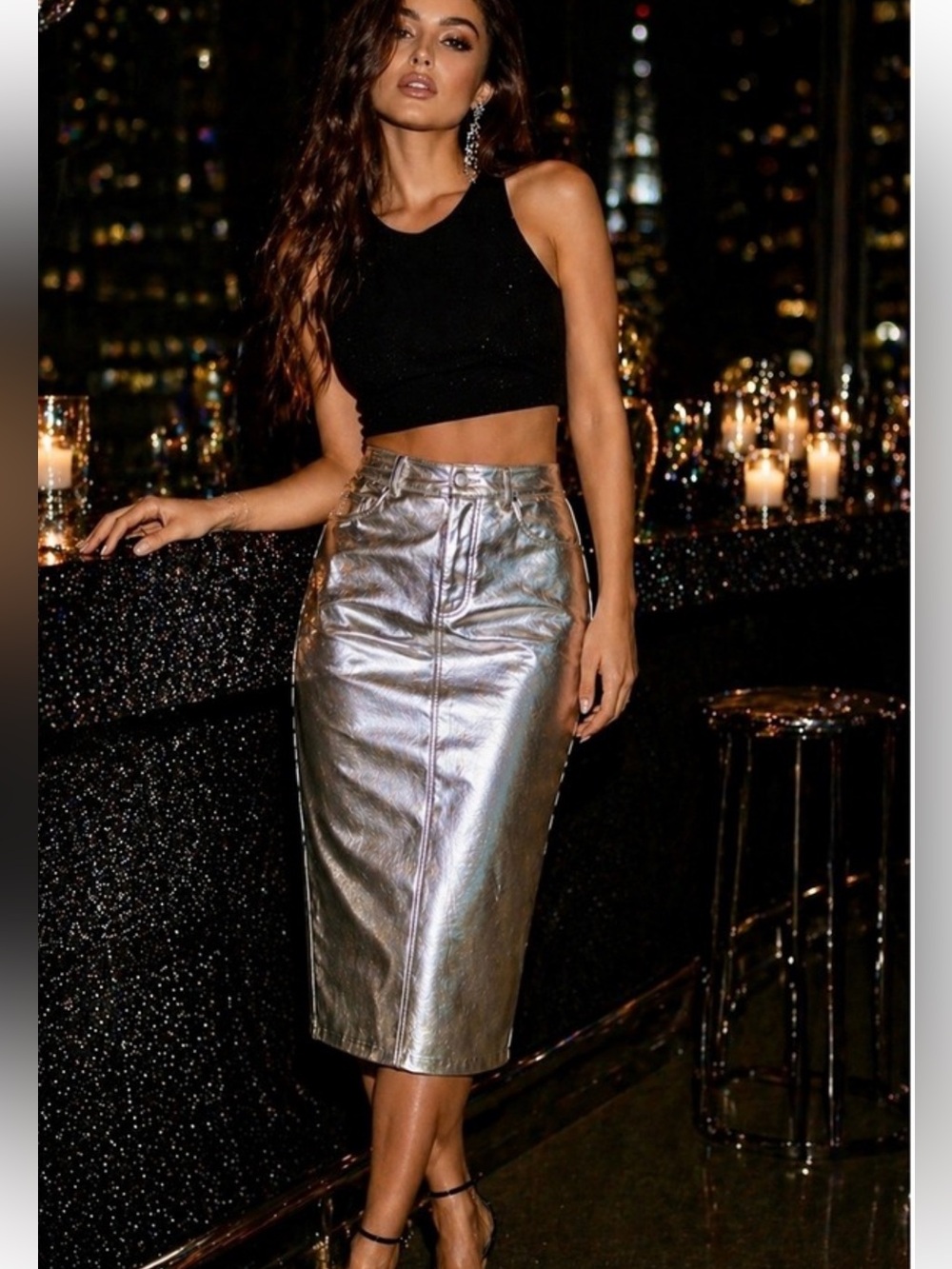 Metallic Silver Pencil Skirt - Women's High-Waist Midi